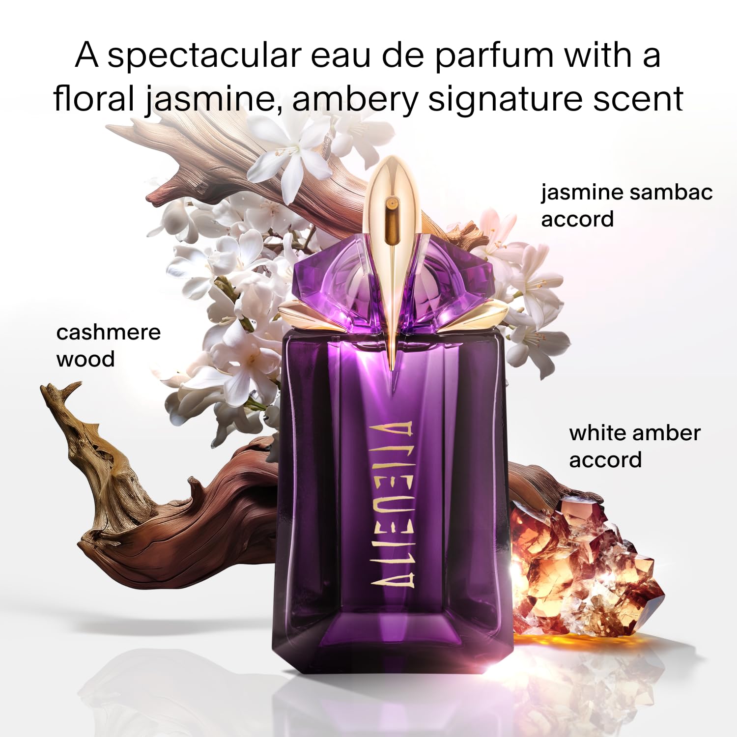 Mugler Alien close-up of jasmine detail showing floral heart benefit: radiant floral note