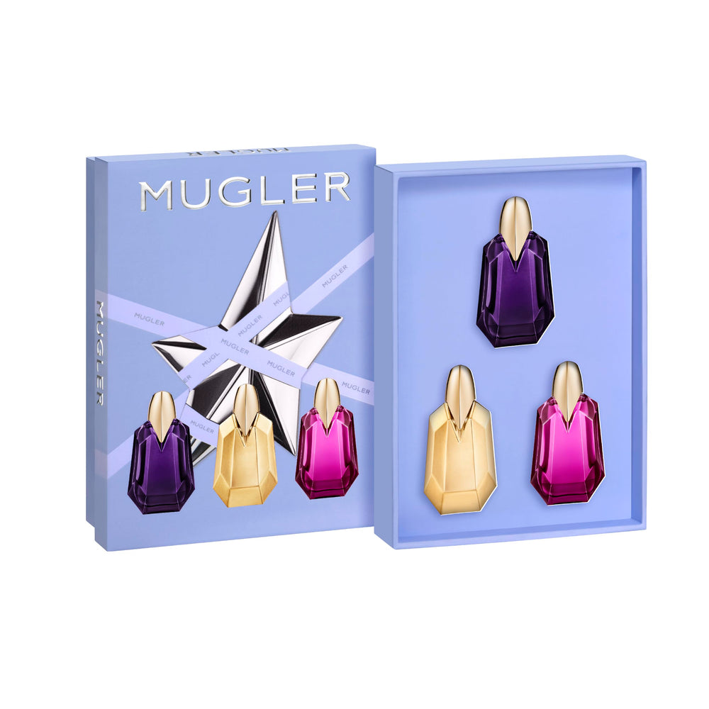 Mugler discovery set in a gift box on table, perfect present for fragrance lovers