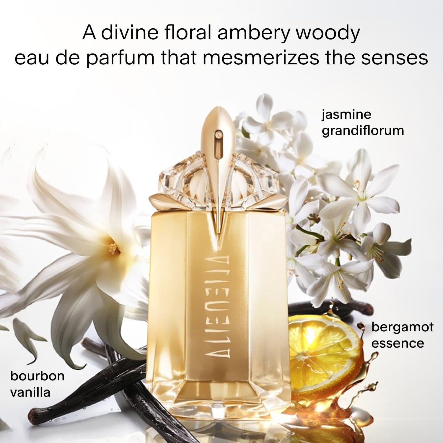 Mugler Alien Goddess angled bottle close-up highlighting design and refillable mechanism benefit
