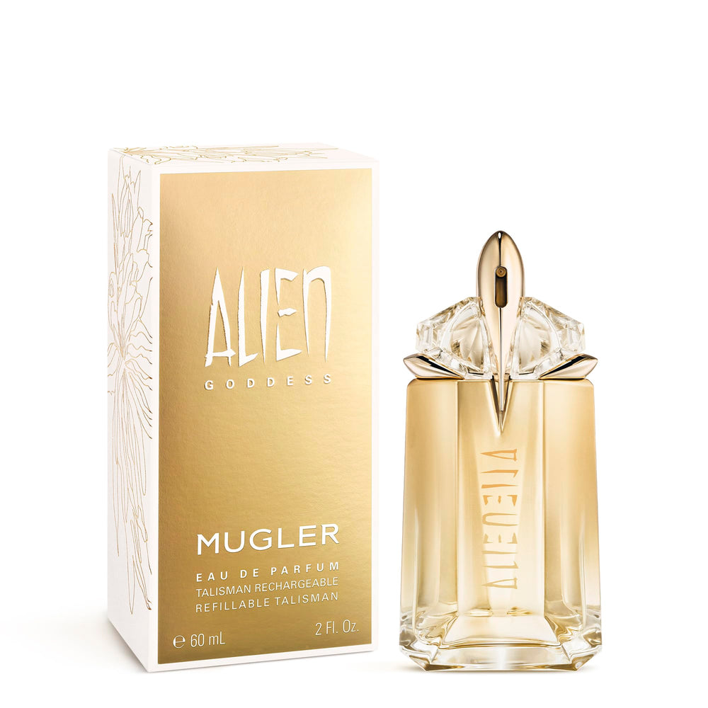 Mugler Alien Goddess 2.0 fl oz next to ruler showing compact travel-friendly size benefit