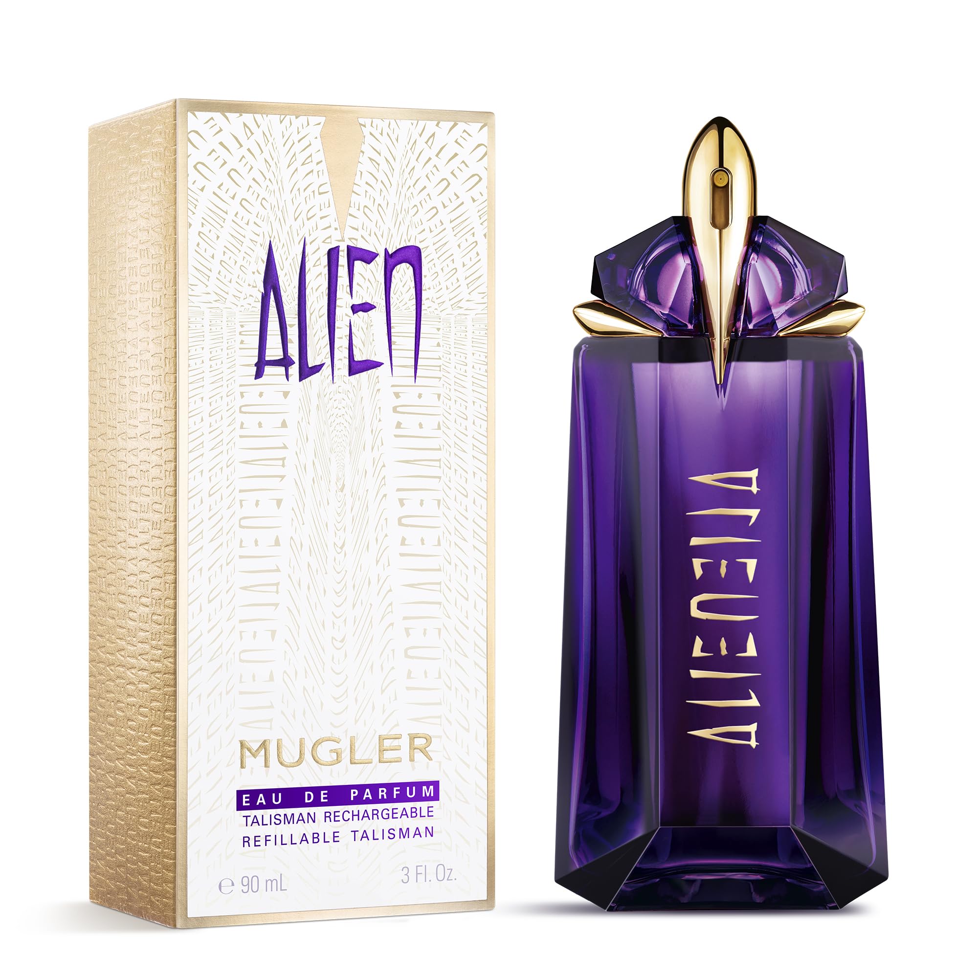 Mugler Alien bottle held in hand for size comparison benefit: clear scale and portability