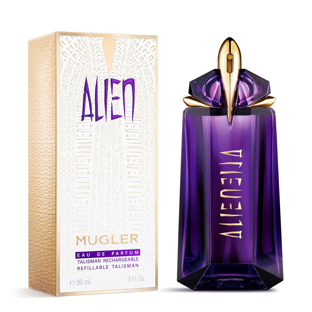 Mugler Alien bottle held in hand for size comparison benefit: clear scale and portability