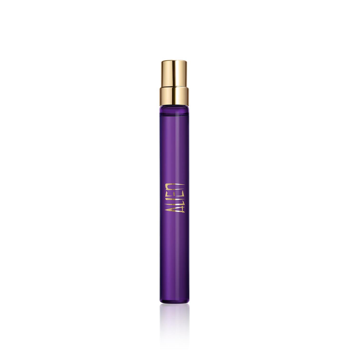 Mugler Alien travel size front bottle showing signature shape and portability benefit