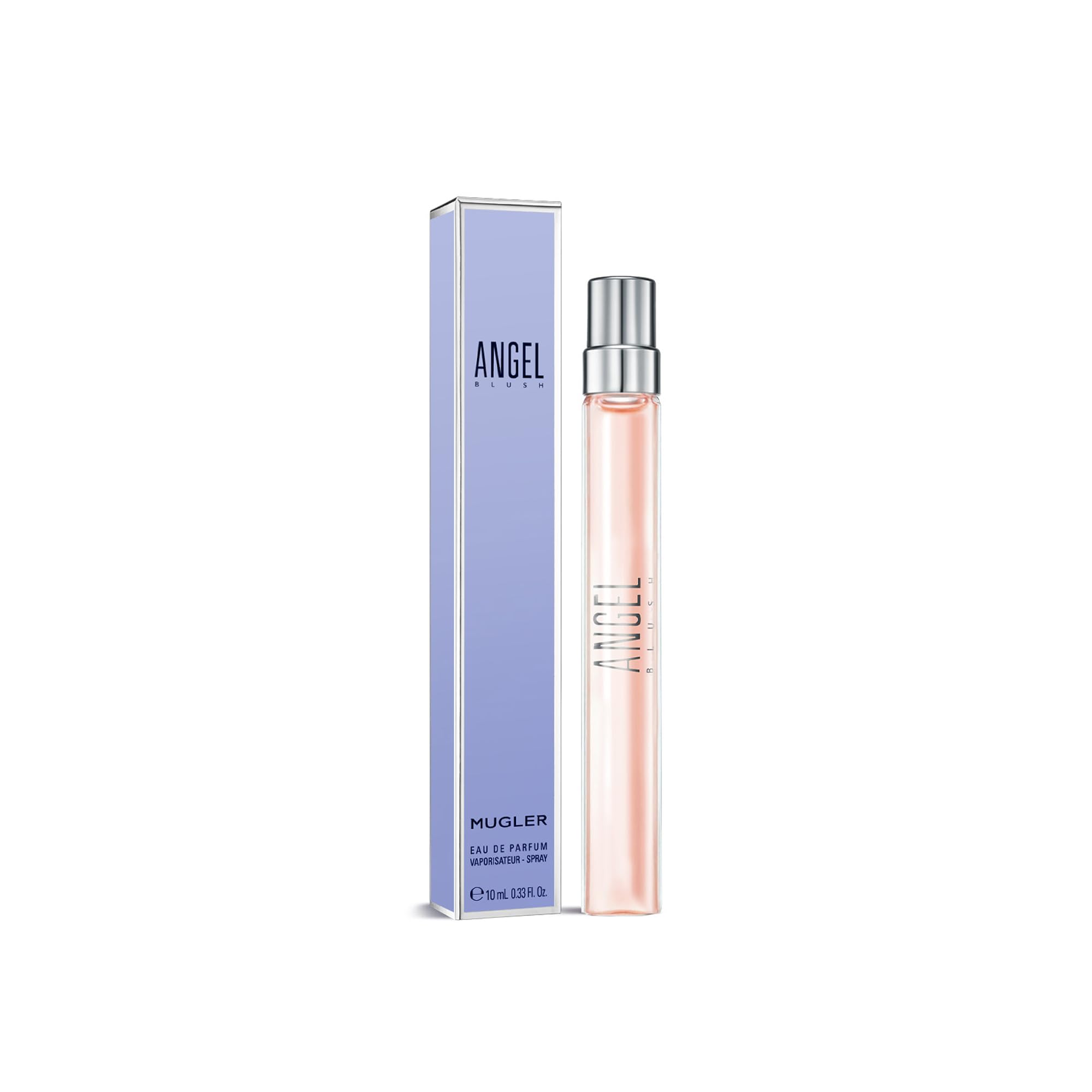 Mugler Angel Blush next to everyday items for size comparison emphasizes compact travel-friendly convenience