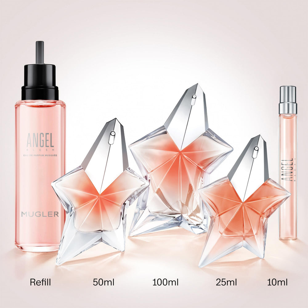Mugler Angel Blush notes collage with almond milk, creamy musk, sandalwood illustrating scent profile clearly