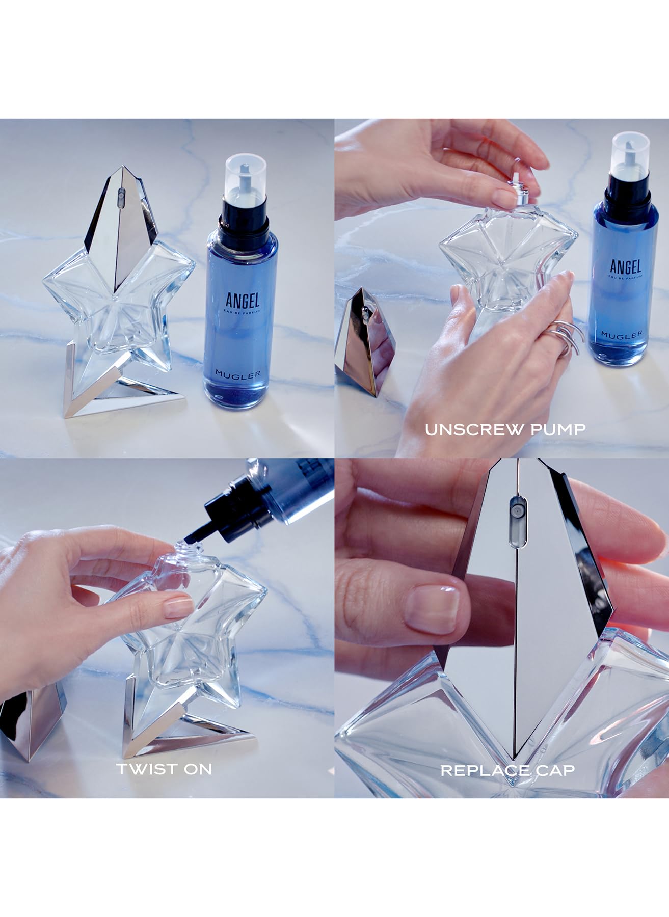 Mugler Angel bottle on dresser for scale and elegant storage benefit