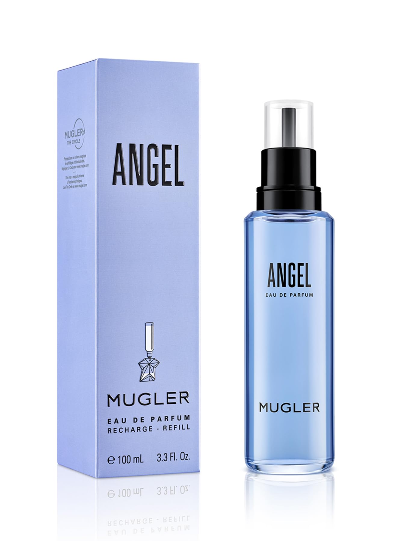 Mugler Angel refill bottle close-up showing refill nozzle and sustainable convenience