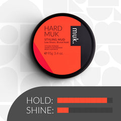 MUK styling mud label close-up showing branding and hard-hold benefit on packaging