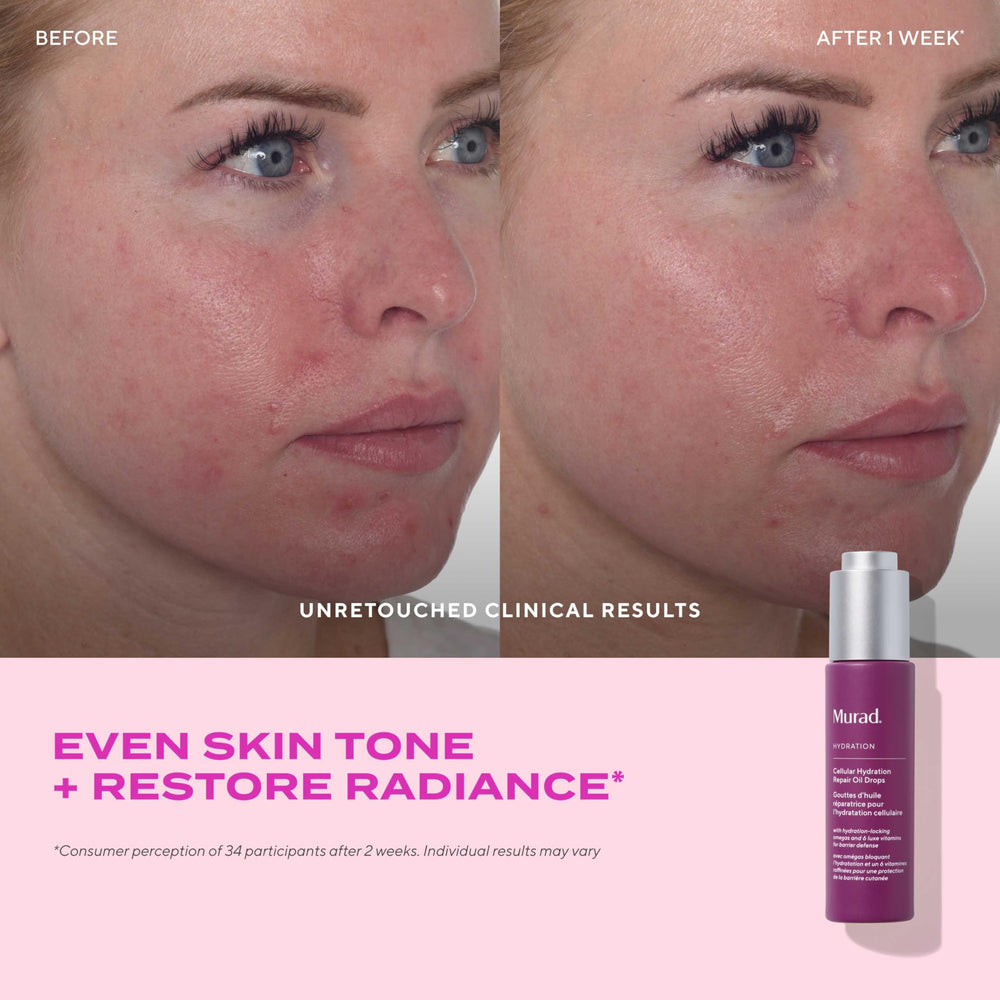 Murad oil drops on skin demonstrating quick application and non-greasy finish