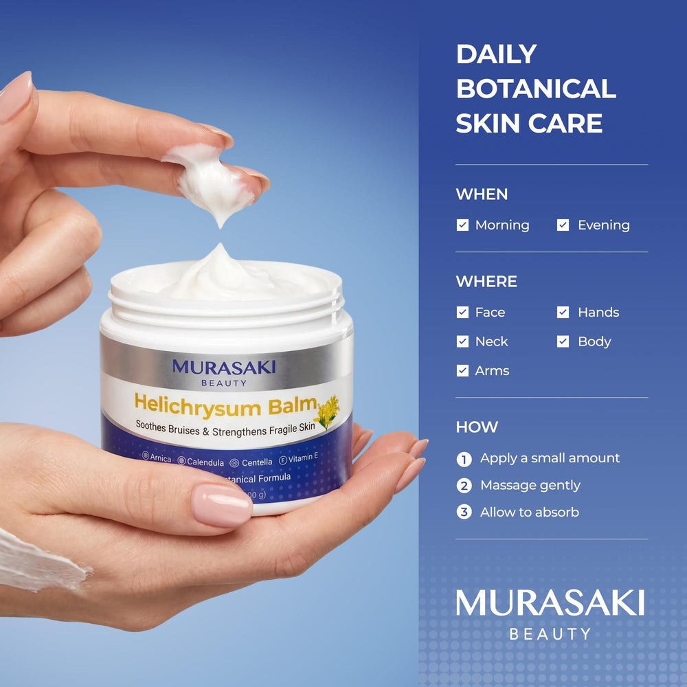 MURASAKI BEAUTY applying balm to hands to soothe dry skin and improve softness
