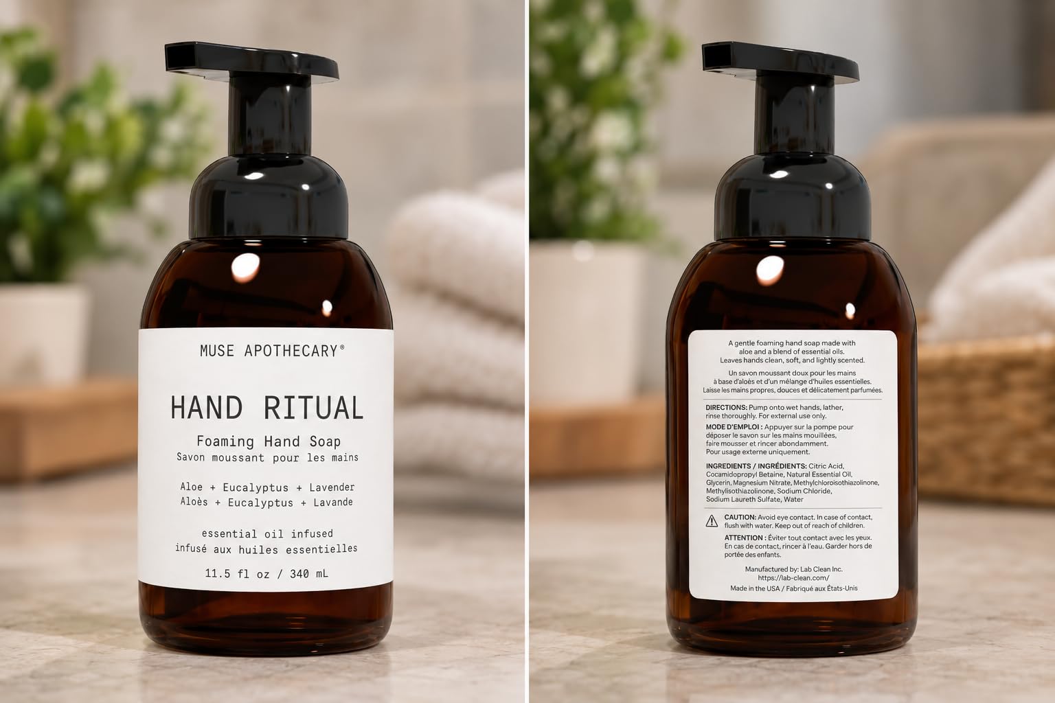 Muse Apothecary bottle on bathroom counter conveying spa-like scent and decor fit