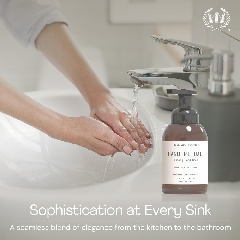 Muse Apothecary on bathroom vanity conveying a calming aromatherapy benefit
