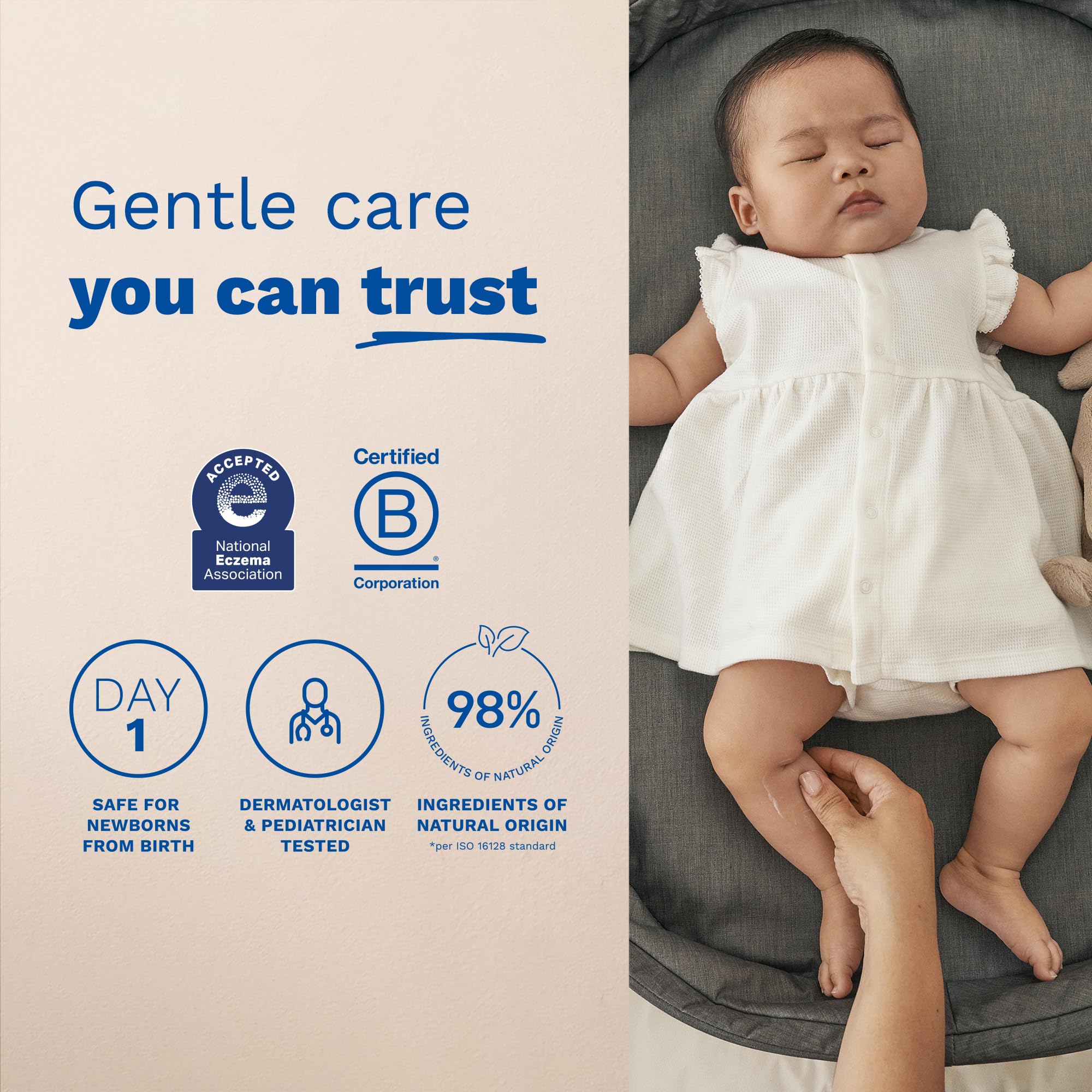 Mustela applying cream to baby's diaper area showing soothing protection