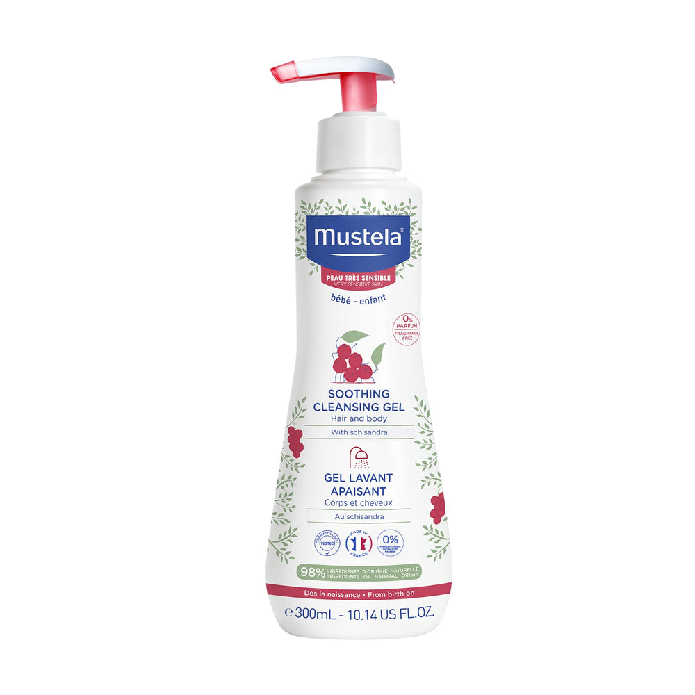 Mustela front packaging showing bottle and label benefit: gentle cleansing