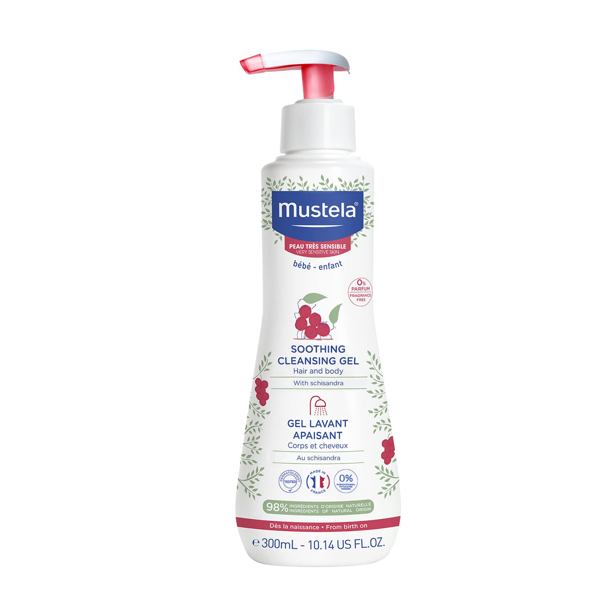 Mustela front packaging showing bottle and label benefit: gentle cleansing