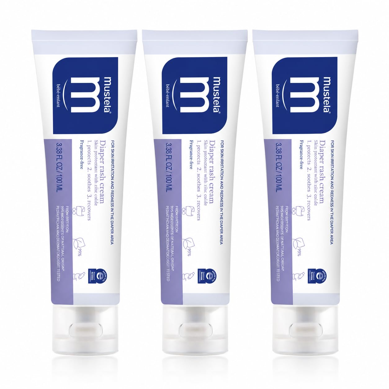 Mustela front tube showing product name and size for quick identification