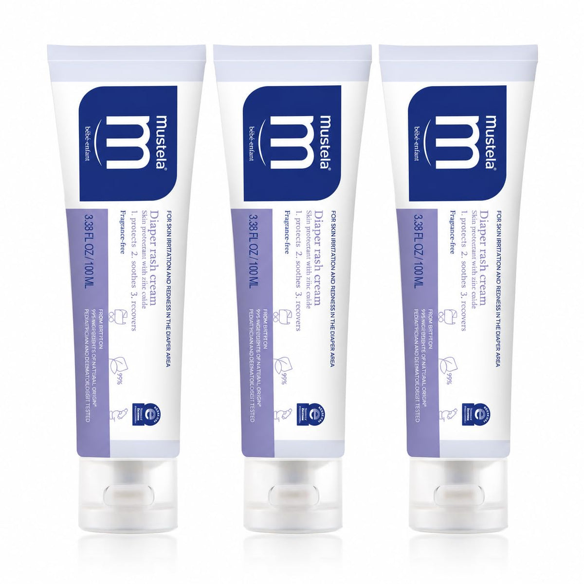 Mustela front tube showing product name and size for quick identification