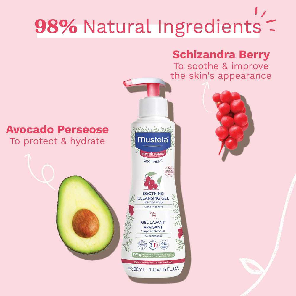 Mustela gel texture on hand illustrating mild, lathering consistency