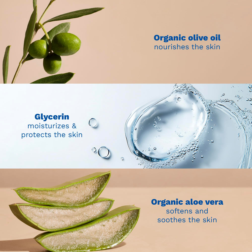 Mustela organic olive oil ingredient bottle and groves highlighting purity