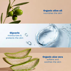 Mustela organic olive oil ingredient bottle and groves highlighting purity