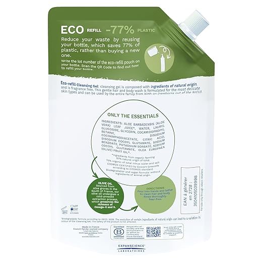 Mustela refill pouch with pour spout highlighting low-waste refill benefit