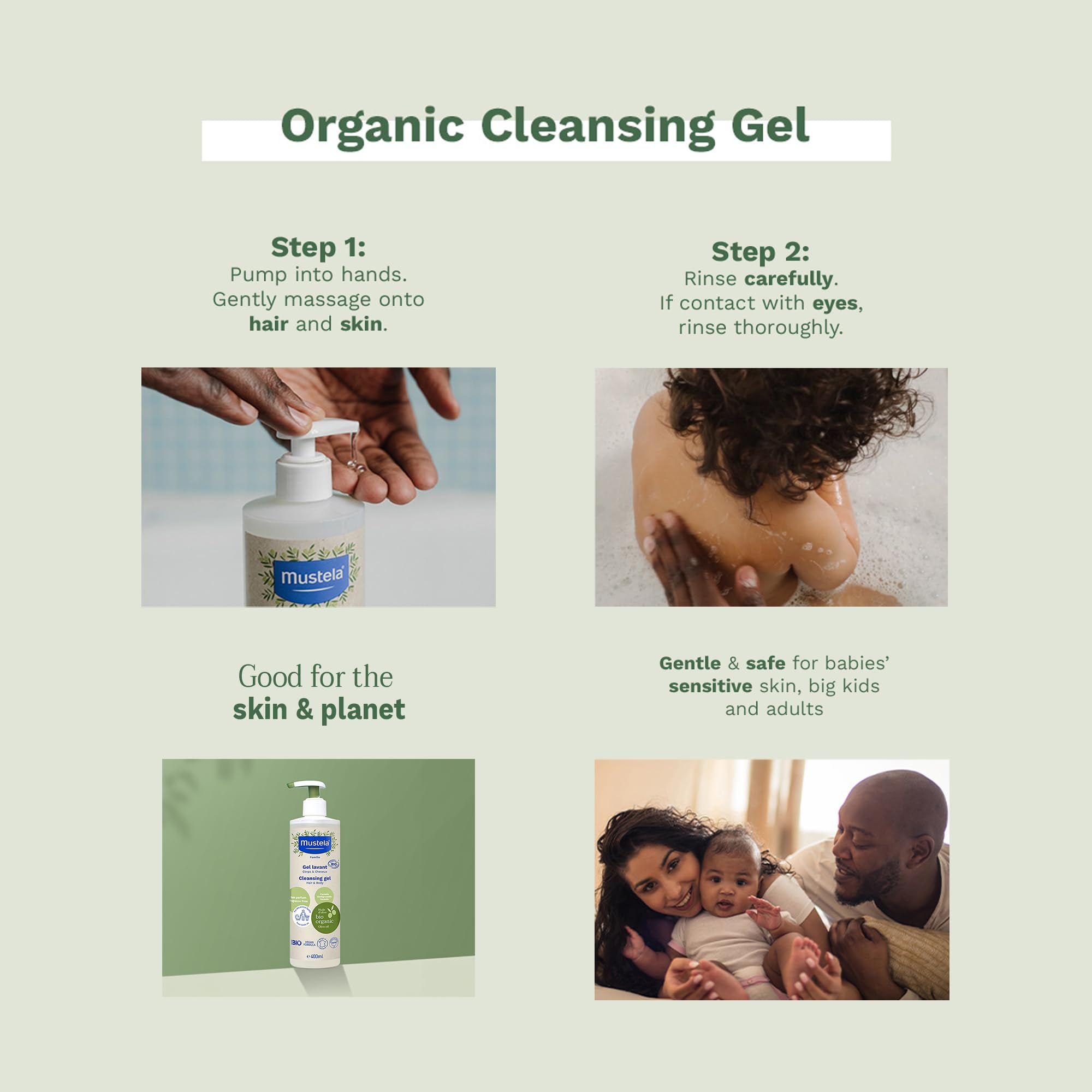 Mustela bottle beside baby toy showing scale and family-ready benefit