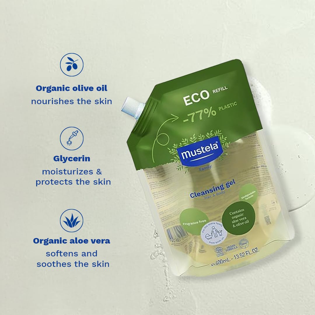 Mustela gel texture close-up showing gentle formula and moisturizing benefit