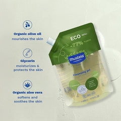 Mustela gel texture close-up showing gentle formula and moisturizing benefit