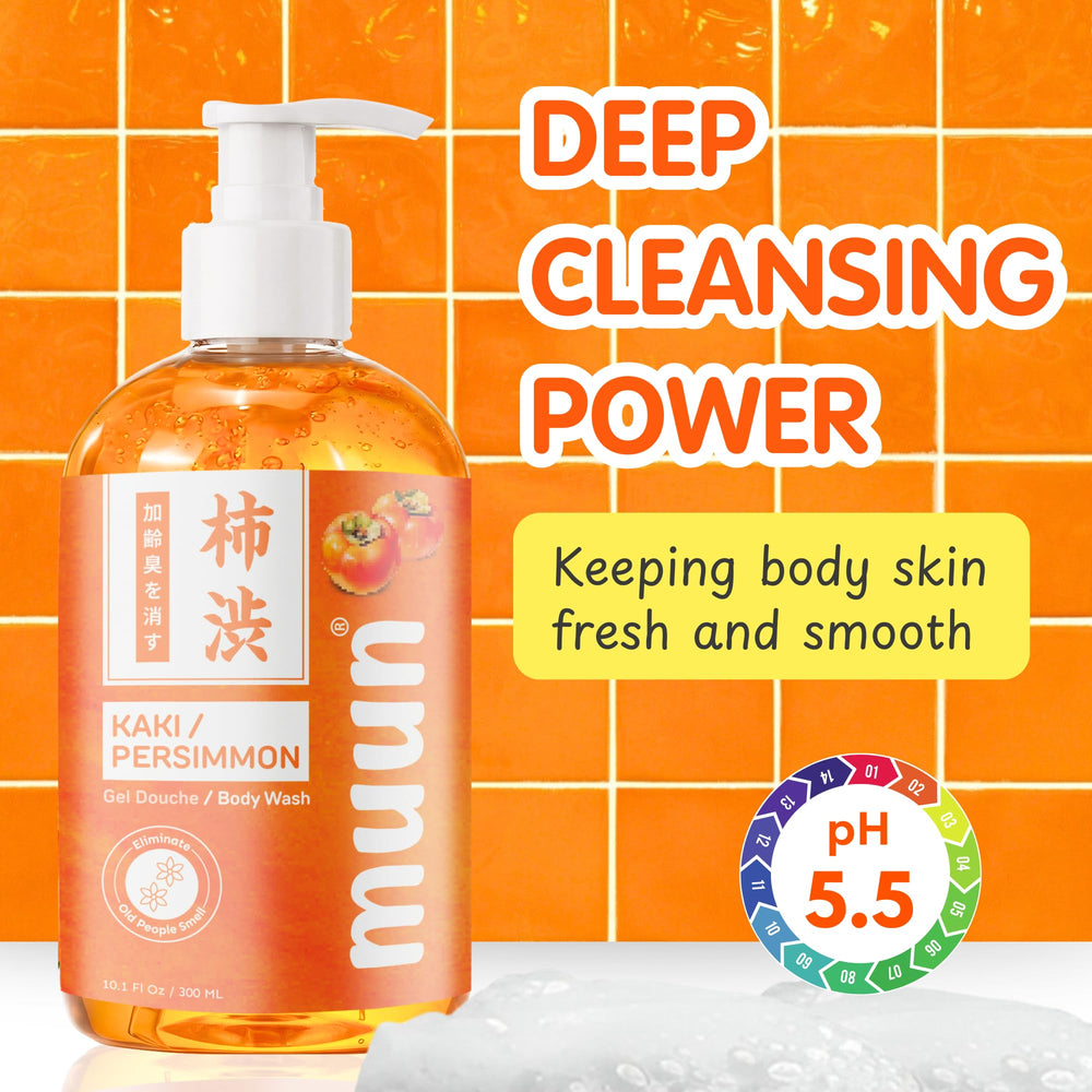 Muun label detail highlighting pH 5.5 and natural persimmon extract benefits