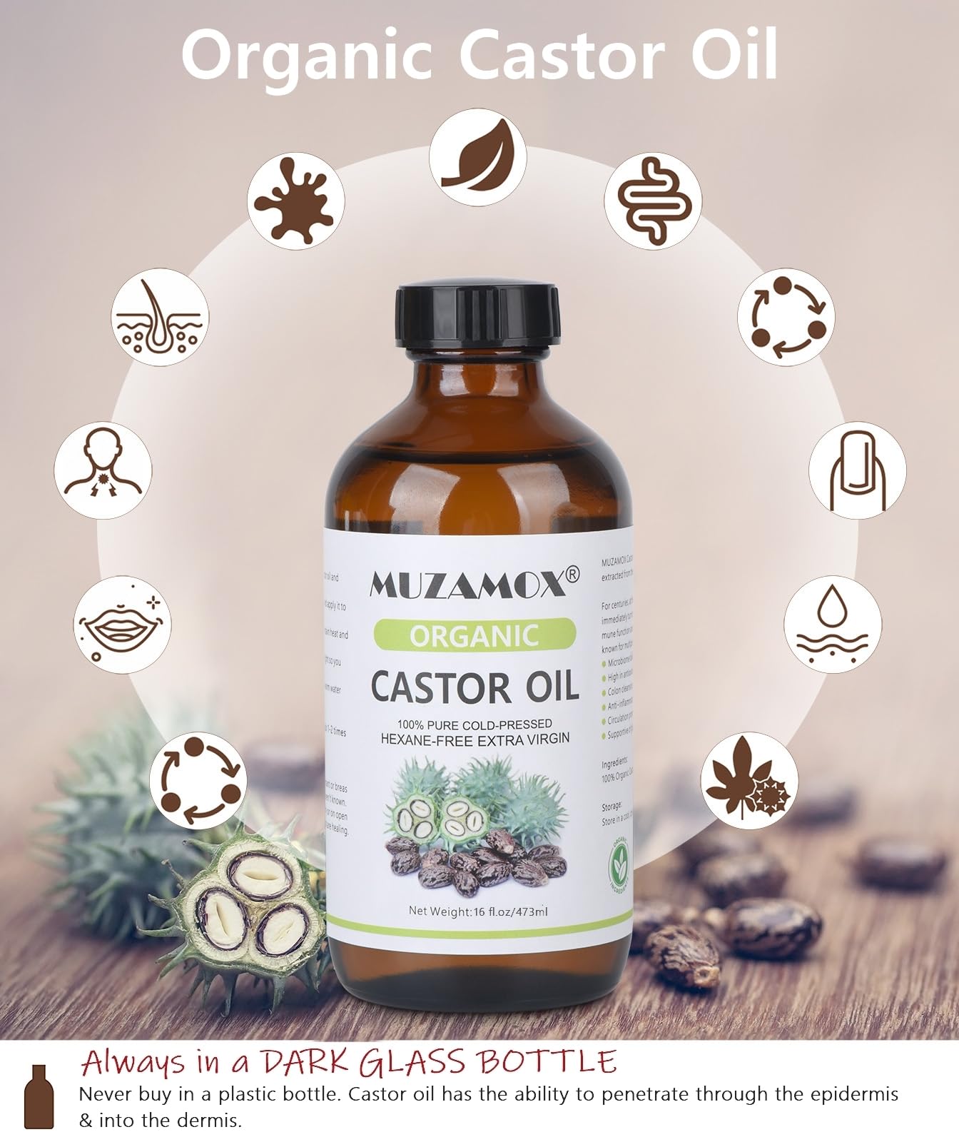MUZAMOX pouring castor oil showing smooth texture and purity