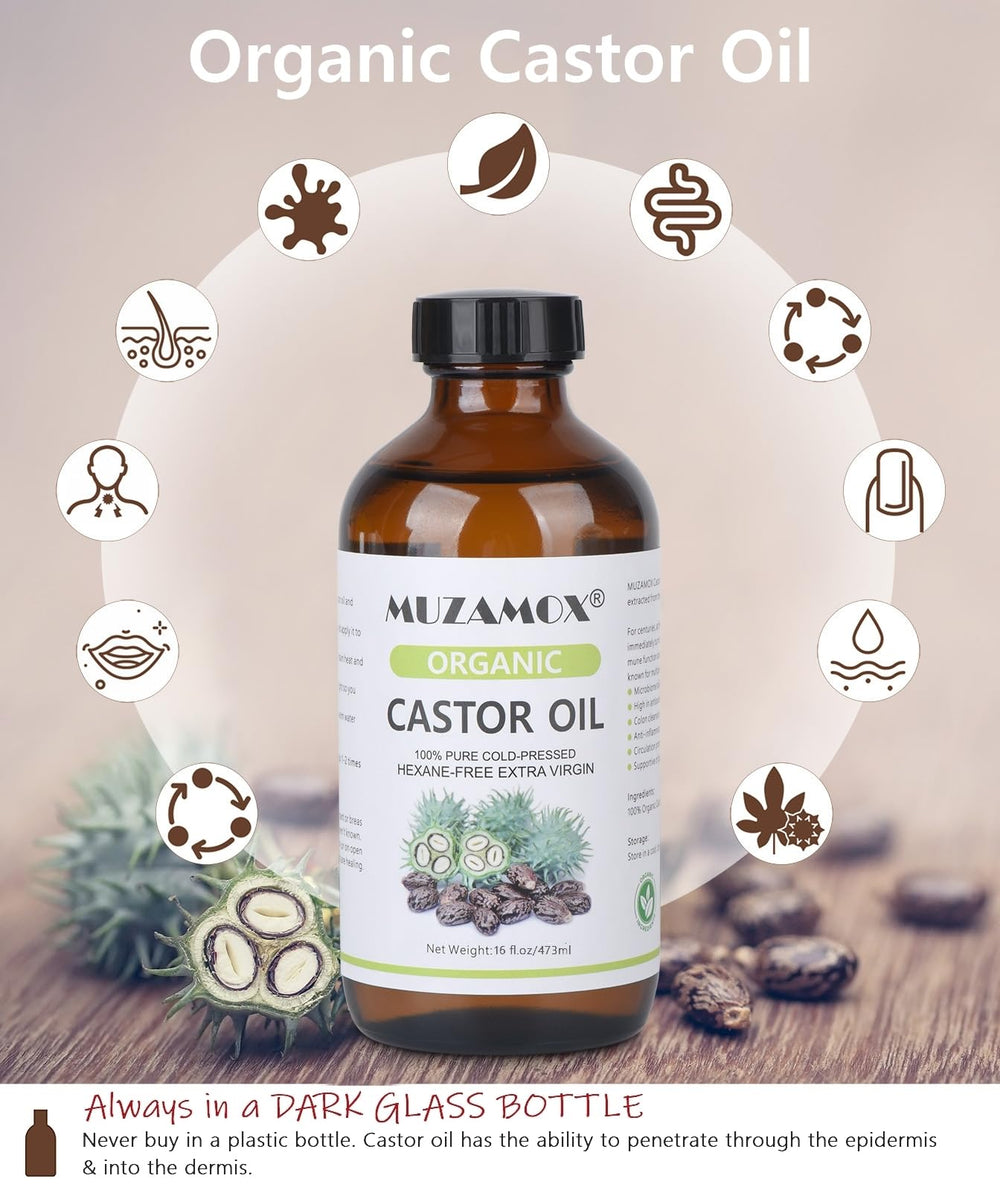 MUZAMOX pouring castor oil showing smooth texture and purity
