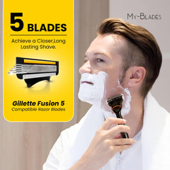 My-Blades cartridge snapped onto Fusion5-style handle for easy replacement
