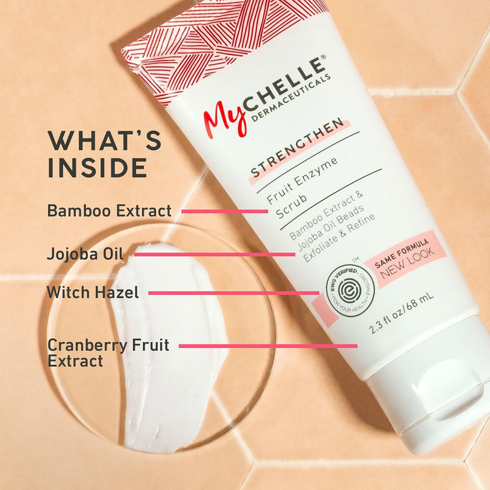 MyCHELLE hand applying scrub to skin demonstrating easy spread and mild exfoliation