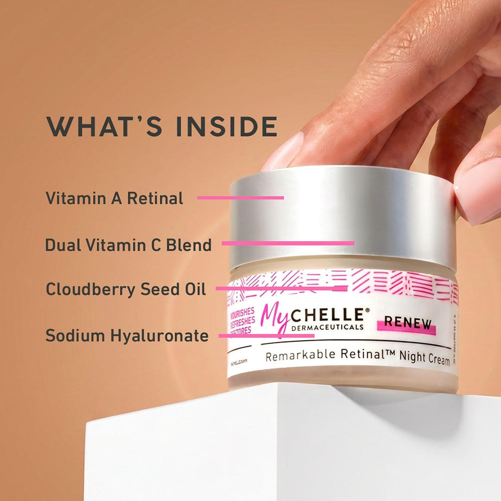 MyChelle cream being applied to hand demonstrating smooth absorption and nighttime nourishing benefit
