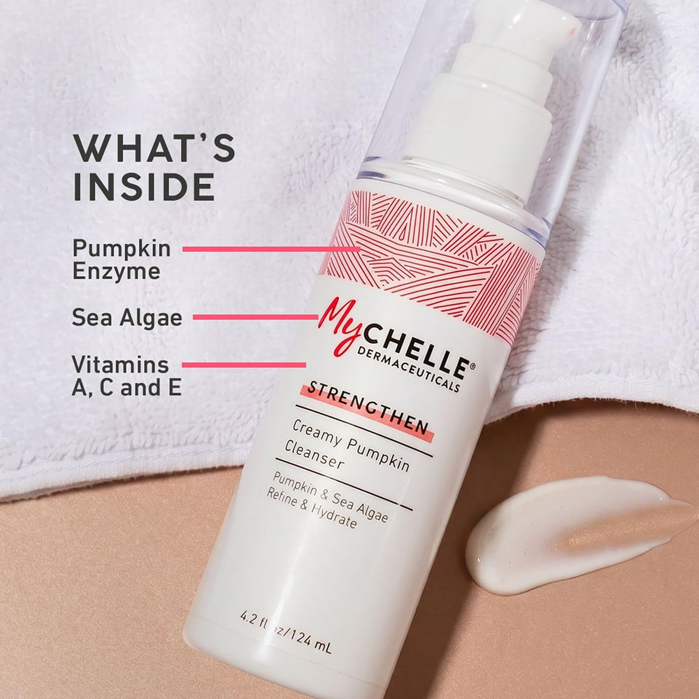 MyCHELLE Pumpkin Cleanser pump dispensed into hand for easy daily use