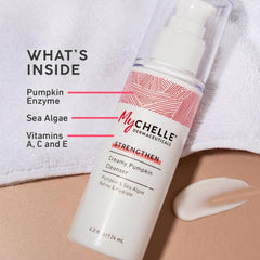 MyCHELLE Pumpkin Cleanser pump dispensed into hand for easy daily use