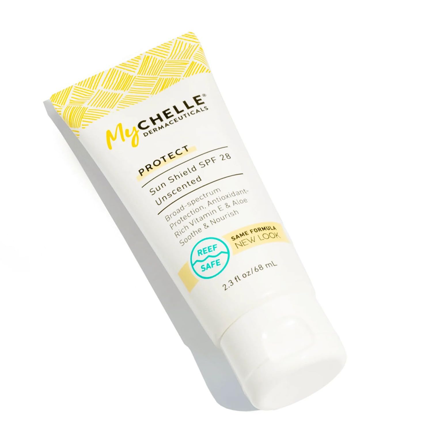 MyChelle front tube view showing label and SPF 28 protection benefit