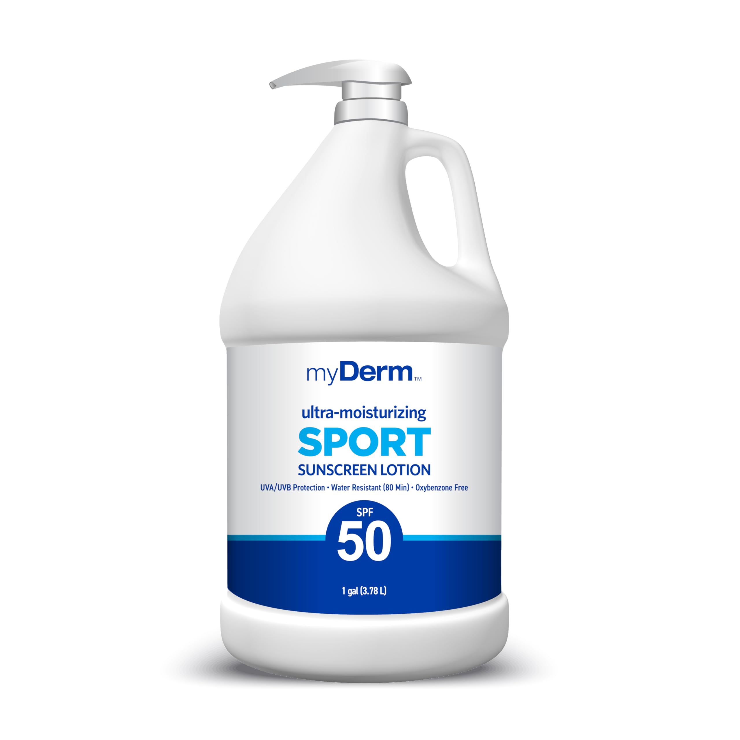 MyDerm front label on 1-gallon bottle showing SPF 50 benefit
