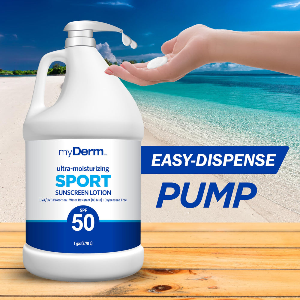 Hand holding MyDerm gallon showing scale and cost-saving benefit