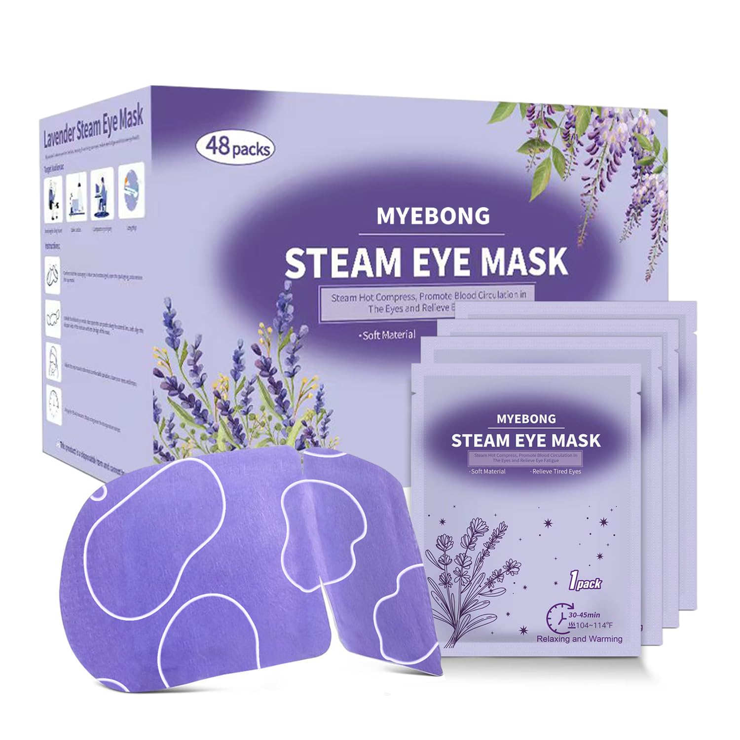 MYEBONG front packaging showing 48 lavender masks for convenient relaxation