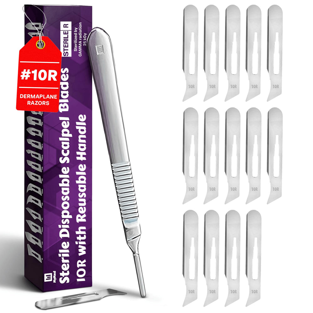MyMed kit front view showing blades and handle for easy home dermaplaning