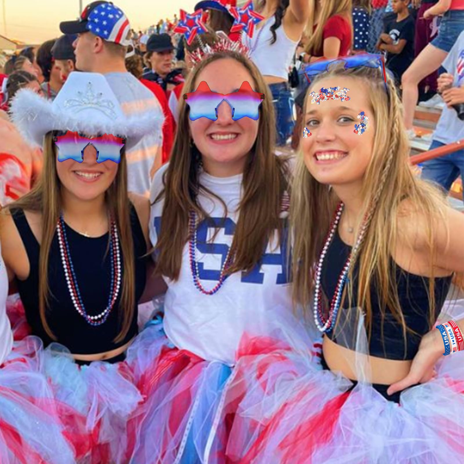 Mysense USA flag star sunglasses close-up highlighting bold patriotic frames and photo-ready style