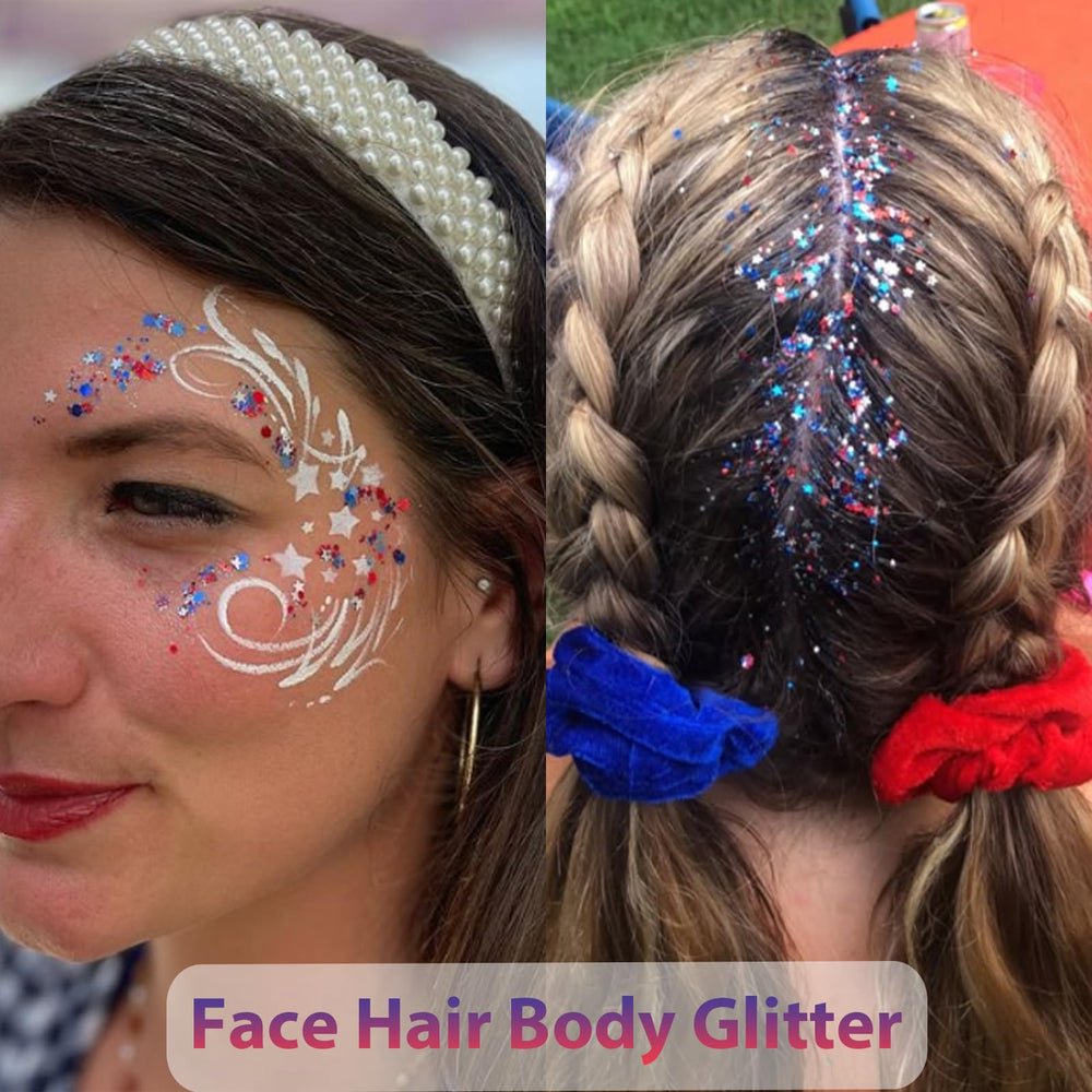 Mysense red white blue glitter tube being applied for festive face hair and body accents