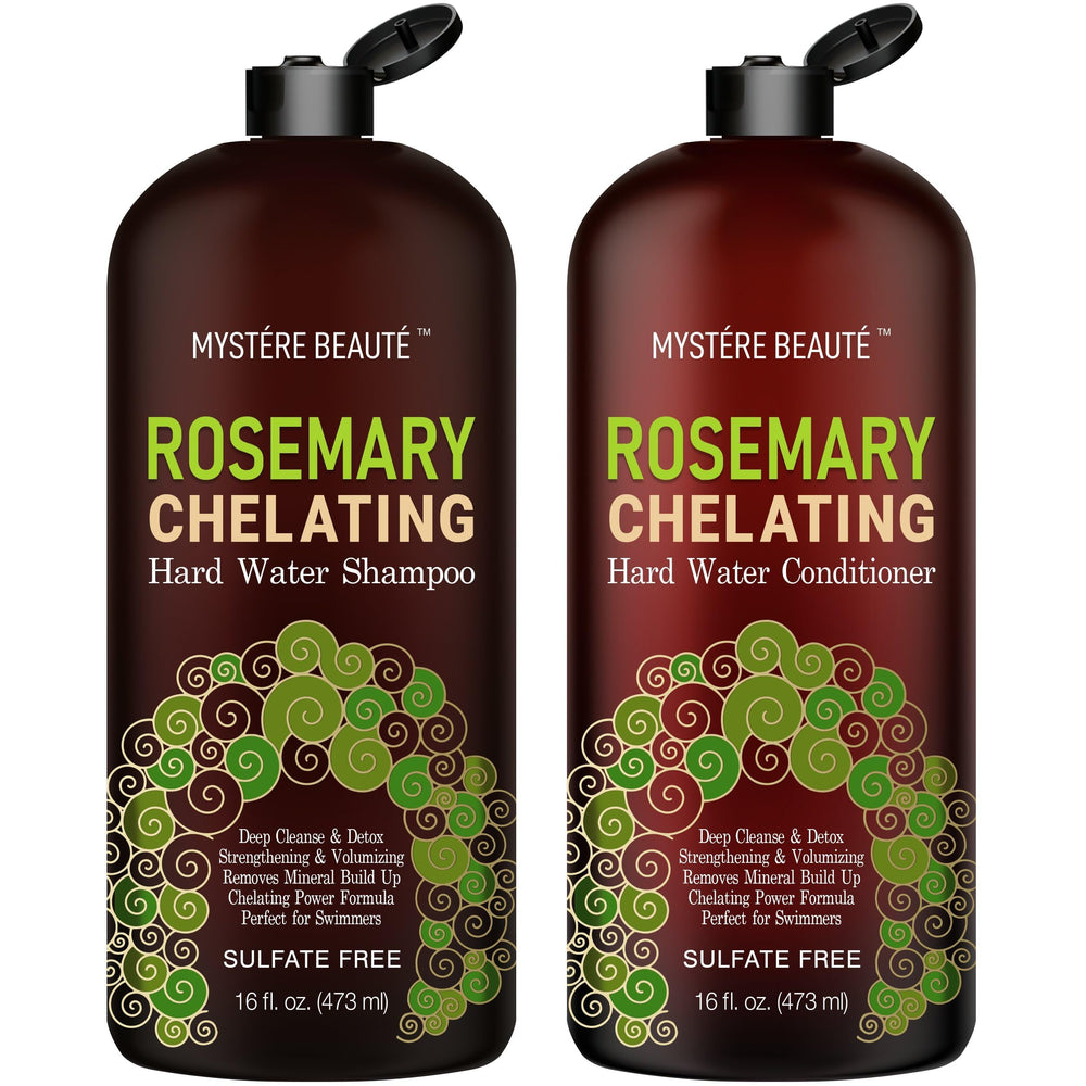 MYSTÉRE BEAUTÉ front packaging showing shampoo and conditioner, highlights clarifying and moisturizing benefits