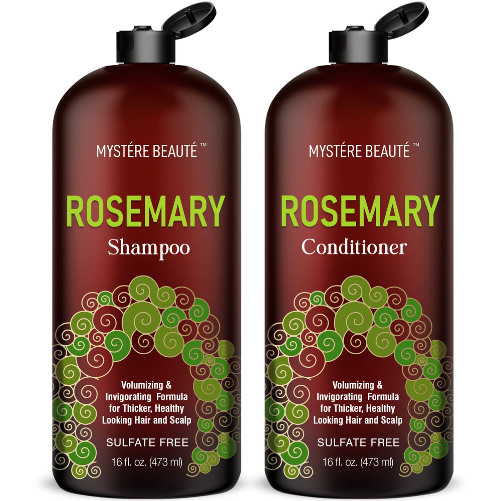 MYSTÉRE BEAUTÉ front bottles showing rosemary shampoo and conditioner benefits