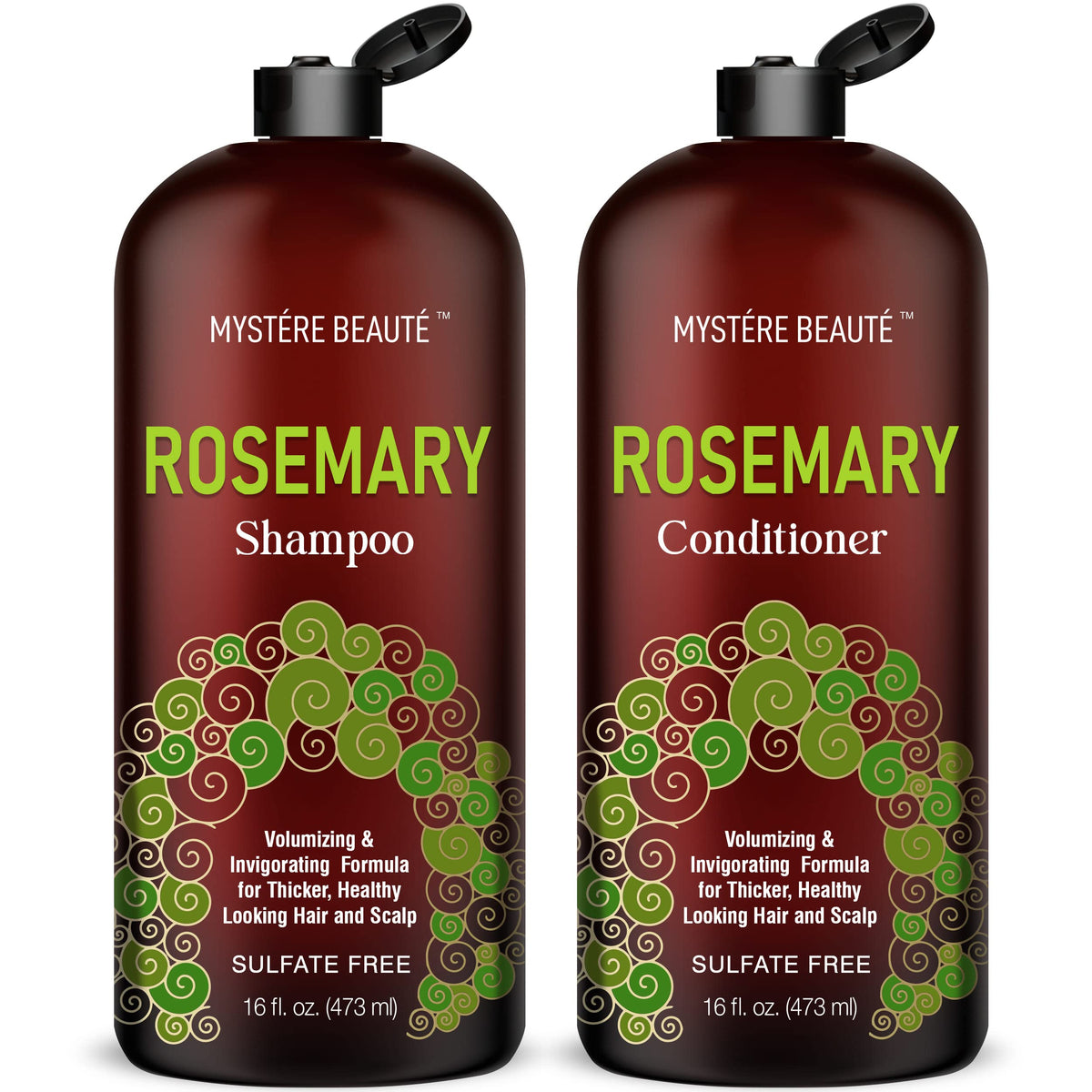 MYSTÉRE BEAUTÉ front bottles showing rosemary shampoo and conditioner benefits