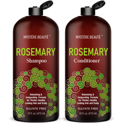 MYSTÉRE BEAUTÉ front bottles showing rosemary shampoo and conditioner benefits