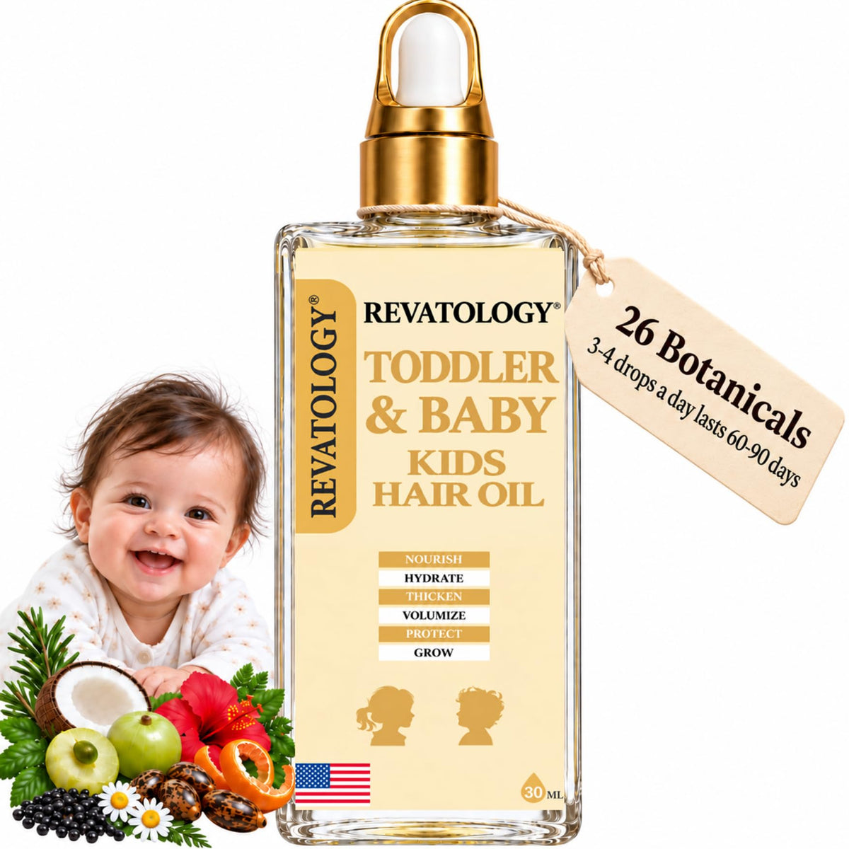 Mystique Abundance REVATOLOGY front packaging showing gentle baby hair oil benefits