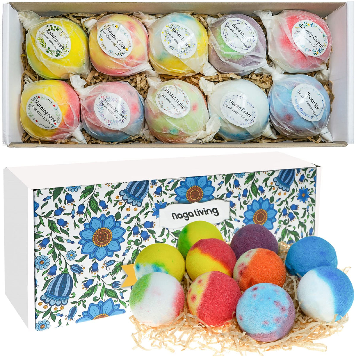 nagaliving front packaging showing ten colorful bath bombs and eco box for gifting