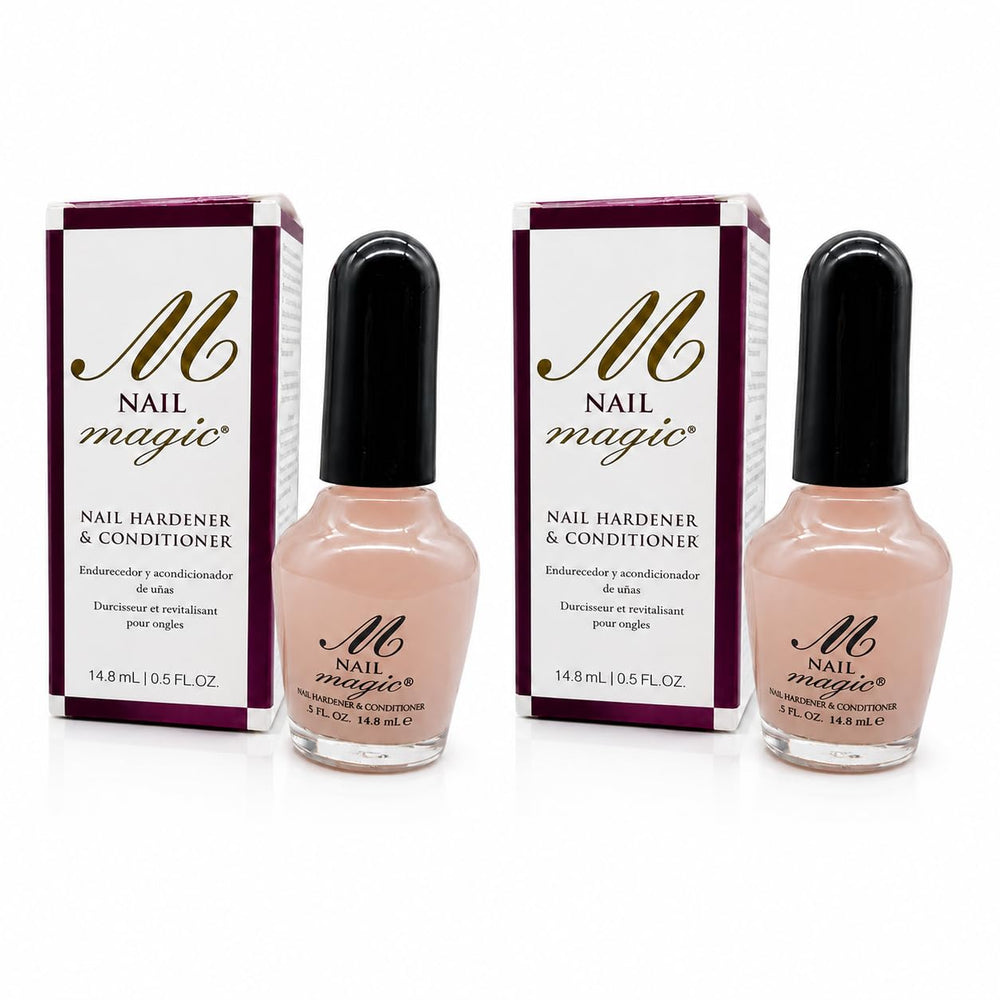 Nail Magic front packaging showing two clear 0.5 oz bottles for easy replacement